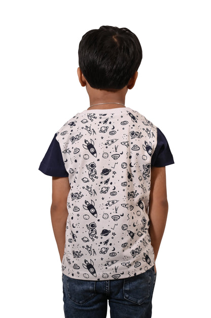 Blue and White Printed Boy's T-Shirts - Casual, Regular Fit, Half Sleeves