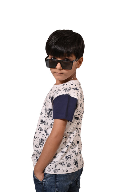 Blue and White Printed Boy's T-Shirts - Casual, Regular Fit, Half Sleeves