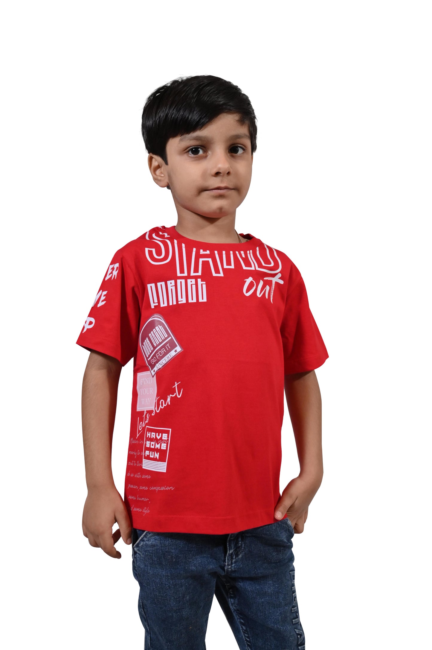 Red with White Printed Casual Half Sleeves Boys Regular fit T-Shirts