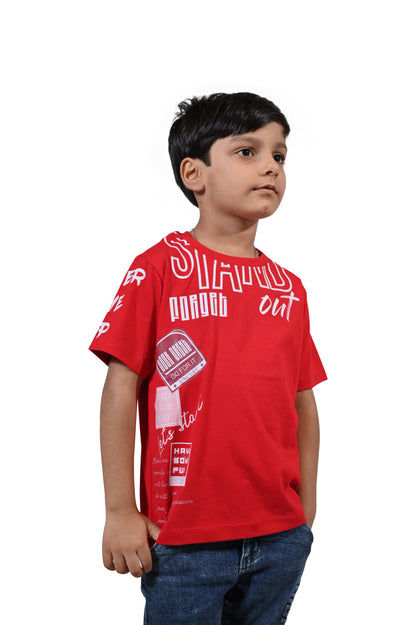 Red with White Printed Casual Half Sleeves Boys Regular fit T-Shirts