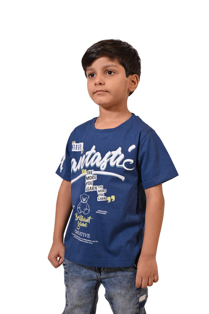 Royal Blue Printed Casual Half Sleeves Boys Regular Fit T-Shirts