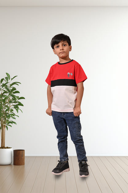 Red Black & White Printed Boys Casual Half Sleeves Regular T-Shirt