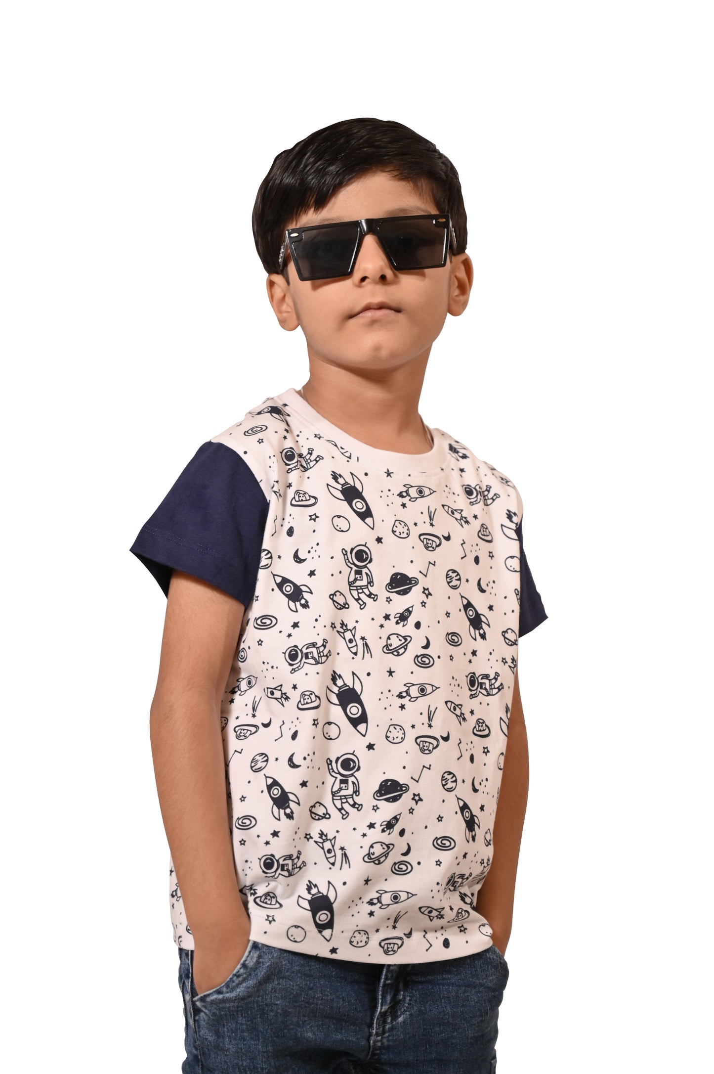 Blue and White Printed Boy's T-Shirts - Casual, Regular Fit, Half Sleeves